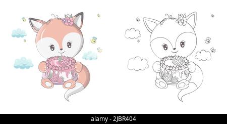 Cute Clipart Fox Illustrazione e per colorare pagina. Clip Art Fox con torta di compleanno Raspberry. Illustrazione di un animale della foresta per , adesivi, bambino Illustrazione Vettoriale