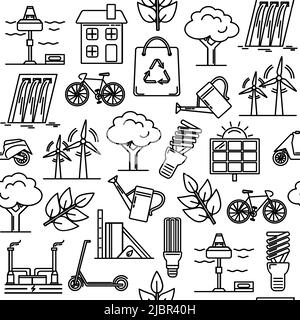 Modello senza cuciture con simboli energetici ed ecologici in stile sottile. Illustrazione Vettoriale