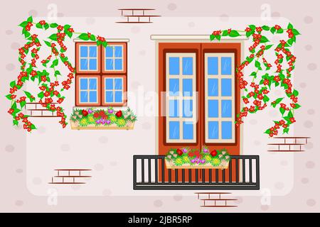 Balcone e finestra di casa o appartamento edificio con fiori in vaso e impianto di arrampicata. Facciata casa con piante in cachepot su davanzale. Vettore Illustrazione Vettoriale