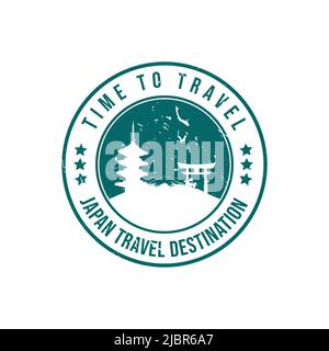 Grunge timbro di gomma con il testo destinazione viaggio Giappone scritto all'interno del timbro. È il momento di viaggiare. Silhouette del monte fuji e tempio storico del Giappone Illustrazione Vettoriale