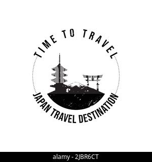 Grunge timbro di gomma con il testo destinazione viaggio Giappone scritto all'interno del timbro. È il momento di viaggiare. Silhouette del monte fuji e tempio storico del Giappone Illustrazione Vettoriale