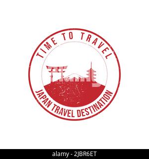 Grunge timbro di gomma con il testo destinazione viaggio Giappone scritto all'interno del timbro. È il momento di viaggiare. Silhouette del monte fuji e tempio storico del Giappone Illustrazione Vettoriale