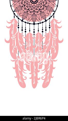 Dreamcatcher , fili intrecciati su telaio, piume con illusrazione vettoriale di pattern meditativi Illustrazione Vettoriale