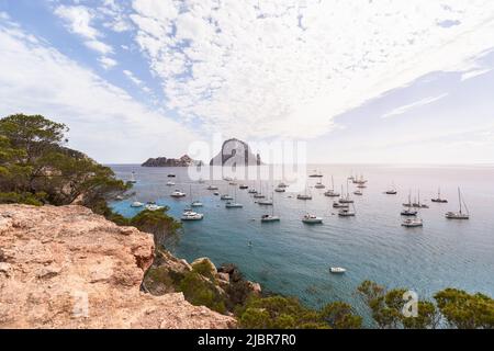 Colpo panoramico di costa che si affaccia sulle acque della baia Cola d'Hort e numerosi yacht a vela e catamarani ancorati. Ibiza, Isole Baleari, Spagna Foto Stock