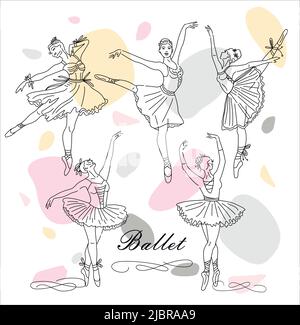 Ballerino donna set di disegno linea continua in rosa. Ragazze e personaggi danzanti Illustrazione Vettoriale