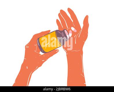 Vecchio uomo mano che tiene la bottiglia di medicina di droga. Primo piano di pillole nelle mani. Concetto di farmaco. Illustrazione vettoriale disegnata a mano Illustrazione Vettoriale