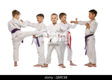 Gruppo di bambini felici, combattenti per il karate principiante in picchietti bianchi che si ergono insieme isolati su sfondo bianco. Concetto di sport, arti marziali Foto Stock