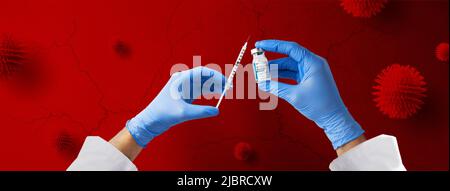 Mano del medico che tiene il vaccino del scimmipox con vista microscopica delle cellule o delle molecole galleggianti del virus del scimmipox in background. Foto Stock