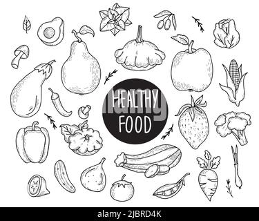 Grande set di disegni vettoriali disegnati a mano di verdure e frutta. Cibo sano - avocado e squash, olive e menta, broccoli e fichi, mais e peperoncino. Illustrazione Vettoriale