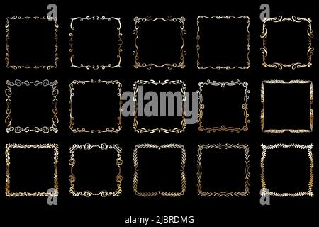 Set di cornici dorate Vector Luxury. Collezione di elementi decorativi decorativi decorativi dorati e luminosi ornamentali. Illustrazione Vettoriale