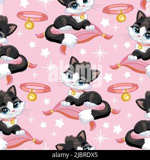 Senza cuciture motivo cute nero kitty su un cuscino. Illustrazione vettoriale cartoon con carattere Cat. Stampa infantile per tessuti, tessuti, sfondi, desig Illustrazione Vettoriale