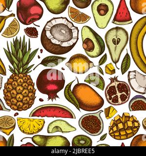 Fruits design di fondo senza cuciture. Stile inciso. Banane, pere, kiwi, ecc. sfilati a mano Illustrazione Vettoriale