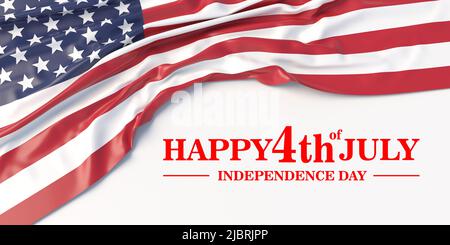 4 luglio, FELICE 4th DI LUGLIO, Independence Day.Text e bandiera USA su sfondo bianco. Festa Nazionale America. 3d rendering Foto Stock
