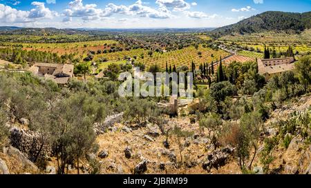 Vista panoramica sui rigogliosi giardini del maniero pubblico Raixa nella zona di Bunyola con piantagioni di mandorli e oliveti. Foto Stock