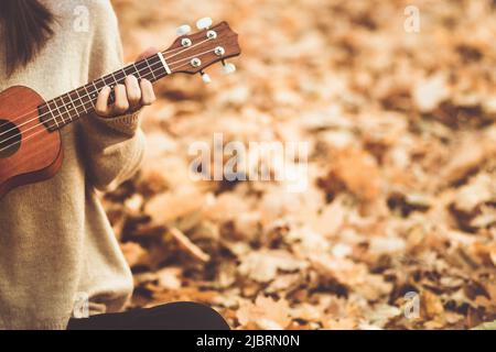 Ukulele in donna mani closeup giocare uno strumento acustico ukulele in autunno all'aperto con spazio copia, foto tonalità Foto Stock