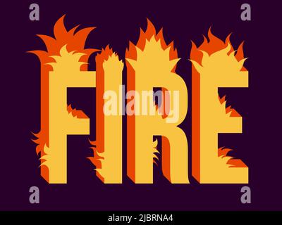 Testo fuoco. Fiammeggiante parola 'fuoco' in stile piatto. Retro vintage bruciare iscrizione. Progettazione per stampa, striscioni e carta da imballaggio. Illustrazione vettoriale Illustrazione Vettoriale