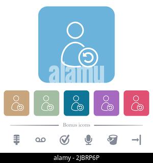 L'utente annulla le icone piatte bianche del contorno sugli sfondi quadrati arrotondati a colori. 6 icone bonus incluse Illustrazione Vettoriale