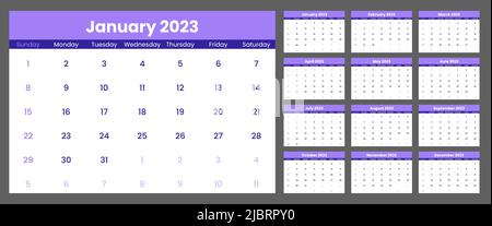 Calendario viola e bianco 2023 modello con settimana inizia la domenica. Calandra da parete dallo stile minimalista. Pianificazione mensile del ciclo. Griglia orizzontale. Agend Illustrazione Vettoriale