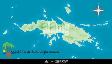 Saint Thomas, U. S. Virgin Island. Mappa di sfondo satellitare realistica. Disegnata con precisione cartografica. Una vista dall'alto. Illustrazione Vettoriale