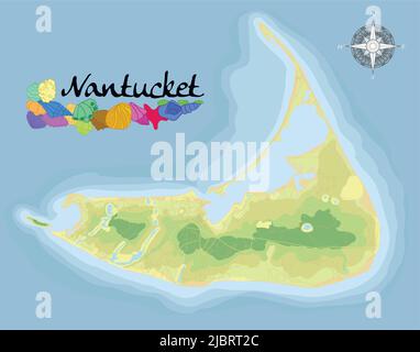 Isola di Nantucket. Mappa di sfondo satellitare realistica con designazione di spiagge, luoghi di riposo e di intrattenimento. Disegnata con precisione cartografica Illustrazione Vettoriale