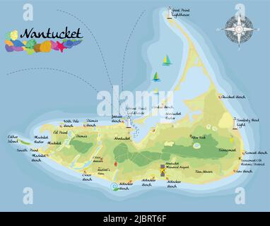 Isola di Nantucket. Mappa di sfondo satellitare realistica con designazione di spiagge, luoghi di riposo e di intrattenimento. Disegnata con precisione cartografica Illustrazione Vettoriale