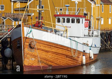 Norvegia, Nordland County, Isole Lofoten, Nusfjord, Porto Foto Stock