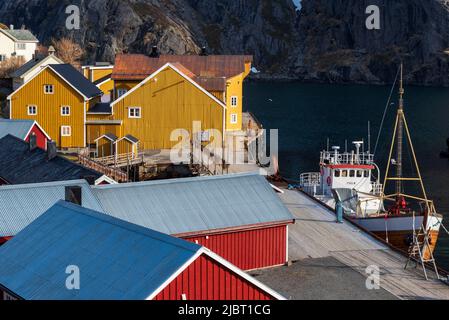 Norvegia, Nordland County, Isole Lofoten, Nusfjord, Porto Foto Stock