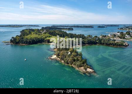 Francia, Morbihan, Golfo di Morbihan, Larmor Baden, Isola di Berder in primo piano (vista aerea) Foto Stock