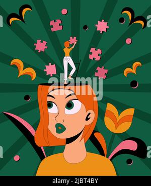 Ragazza sensazione incompleta, alla ricerca di pezzi di puzzle di montaggio. Concetto di salute mentale. Terapia psicologica e trattamento. Illustrazione vettoriale piatta. Illustrazione Vettoriale