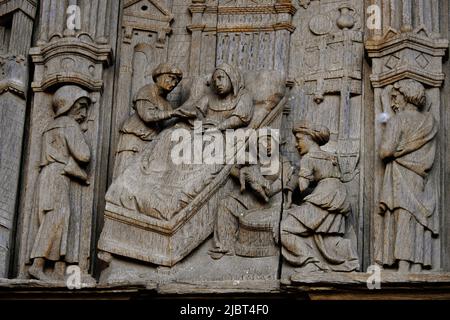 Francia, Somme, Abbeville, chiesa di San Vulfran, portale centrale, Pannello porta, la vita di Maria Foto Stock