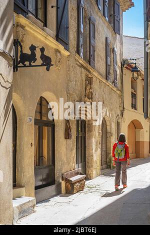 Francia, Herault, Gignac, rue de la Cour, 17th secolo porta al vecchio tribunale, sede di la viguerie dove i magistrati reali sedettero fino al Foto Stock