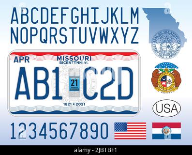 Missouri Stato targa modello con lettere e numeri, Stati Uniti d'America Illustrazione Vettoriale