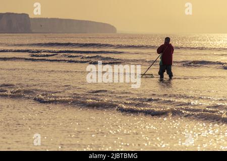 Francia, Somme, Ault, Shrimp pescatore con la sua rete di fronte alle scogliere di Ault Foto Stock