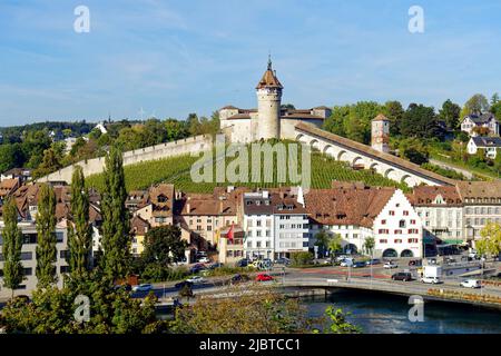Svizzera, cantone di Sciaffusa, Sciaffusa, Città Vecchia, Castello Munot e fiume Reno Foto Stock