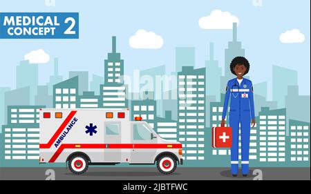 Concetto medico. Illustrazione dettagliata di persone mediche in uniforme sullo sfondo con paesaggio urbano in stile piatto. Illustrazione vettoriale. Illustrazione Vettoriale