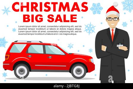 Grande offerta di Natale e Capodanno. Sorridente venditore nel cappello di Babbo Natale che mostra l'auto. Concetto di vendita auto business car. Illustrazione dettagliata di Illustrazione Vettoriale