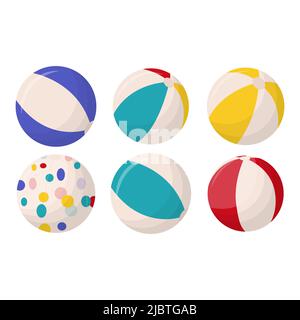 Collezione di palline colorate isolate su sfondo bianco. Palline da spiaggia in più colori. Illustrazione vettoriale piatta. Illustrazione Vettoriale