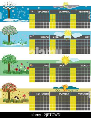 Calendario universale dell'anno. Four Seasons. Inverno, primavera, autunno, estate. Sfondo per i calendari, che può essere riempito manualmente o regolato. Illustrazione Vettoriale