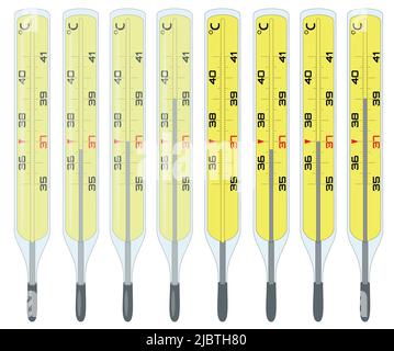 Costruttore di termometro per la misurazione della temperatura corporea. Scala di misurazione Celsius. Termometro a mercurio. Illustrazione Vettoriale