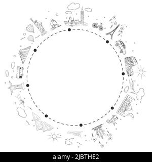 Viaggia in bianco e nero. Illustrazione del vettore di astrazione. Attrazioni e viaggio di trasporto per agenzia di viaggi. Illustrazione Vettoriale