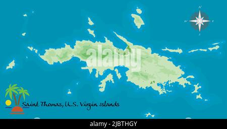 Saint Thomas, U. S. Virgin Island. Mappa di sfondo satellitare realistica. Disegnata con precisione cartografica. Una vista dall'alto. Illustrazione Vettoriale