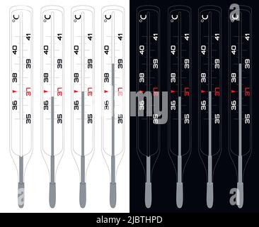 Costruttore di termometro per la misurazione della temperatura corporea. Scala di misurazione Celsius. Termometro a mercurio. Illustrazione Vettoriale
