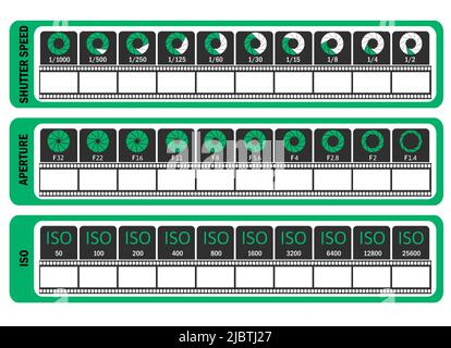 Manuale fotografico. Foglio di trucco della fotocamera. ISO, velocità otturatore, apertura, frequenza fotogrammi. Illustrazione vettoriale. Illustrazione Vettoriale