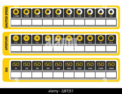 Manuale fotografico. Foglio di trucco della fotocamera. ISO, velocità otturatore, apertura, frequenza fotogrammi. Illustrazione vettoriale. Illustrazione Vettoriale