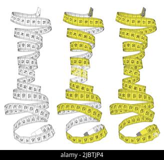 Nastro di misurazione in bianco e giallo. Tema per lo studio, dressmaaking, dieta astratto design. Illustrazione vettoriale. Illustrazione Vettoriale