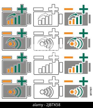 Icona batteria, che mostra come l'energia aumenta. Imposta. Illustrazione Vettoriale