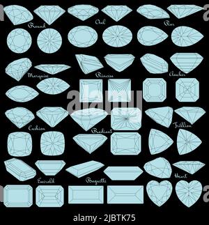Pietre di taglio delle gemme. Tipi di taglio a diamante. Quattro lati di gioielli con sfaccettature per sfondo, intaglio e colorazione. Illustrazione Vettoriale