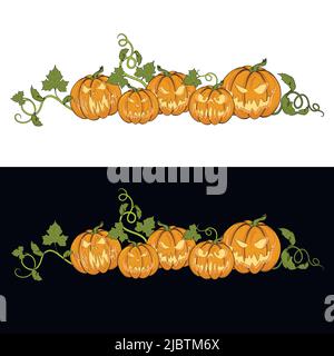 Halloween. Illustrazione vettoriale delle zucche per carte, striscioni, adesivi, volantini. Set di zucche colorate su sfondo bianco e nero. Illustrazione Vettoriale