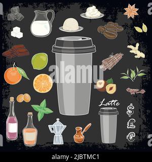 Un set di ingredienti per la preparazione di ricette a base di caffè. Illustrazione vettoriale per le schede dei menu. Illustrazione Vettoriale