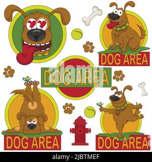 Area per cani. Illustrazione vettoriale per indicare le aree di terra destinate ai cani. Set di icone colorate e adesivi. Illustrazione Vettoriale